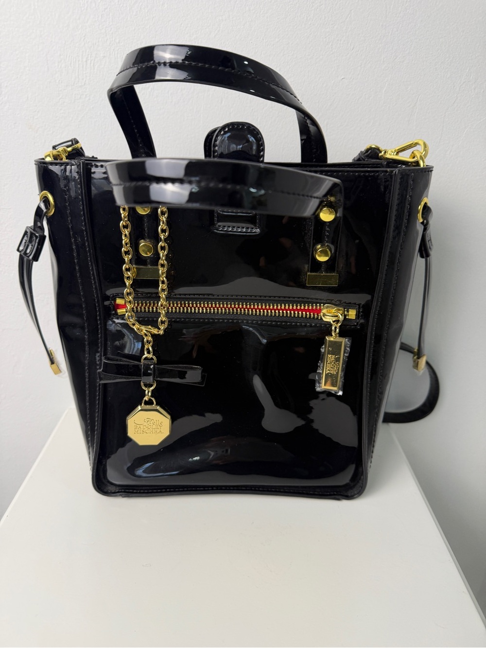 Belle Badgley Mischka Black Patent Leather Tote Crossbody Bag Gold Purse Women’s